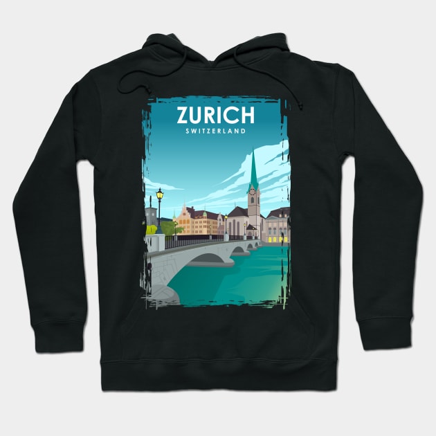 Zurich Vintage Minimal Travel Poster Hoodie by jornvanhezik